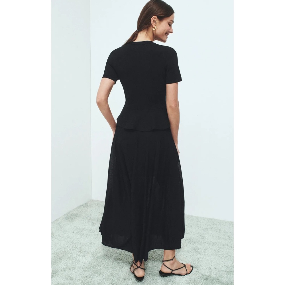 Sandro Judith Black Peplum Maxi Dress Ribbed Knit Button Front Noir Size 40 NEW - Picture 2 of 9